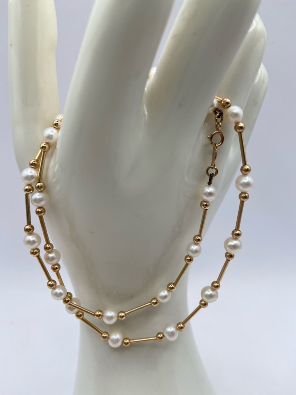Rare 14K Yellow Gold 5mm Cultured Pearl By The Yard Station Necklace 18”L - Picture 7 of 9
